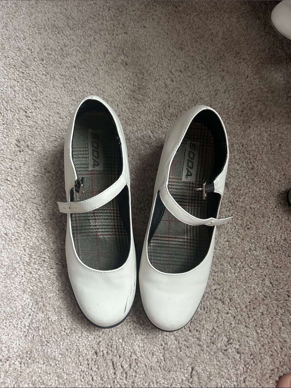 Soda White Mary Jane Flats with Strap and Plaid Insole